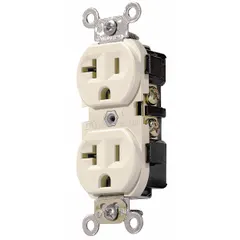 Duplex general-purpose receptacle with NEMA 5-20 configuration, rated 125V AC and 20A. Ivory finish, 2-pole/3-wire grounding design. Suitable for powering higher-load equipment in commercial and industrial settings such as offices, workshops, and light manufacturing.
