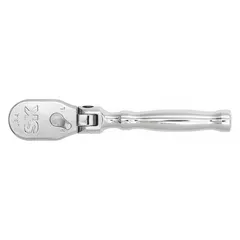 This reversible flex-head ratchet features a chrome finish and a 5-inch overall length with a 4° minimum arc swing. The pear-head design and flex head allow access in confined spaces, making it suitable for tightening and loosening fasteners in automotive, industrial, and mechanical applications.