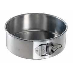 Uncoated aluminum springform cake pan with solid construction and closed bead closure. Silver finish, 8 1/2 in diameter. Suitable for baking cheesecakes, tortes, and other desserts requiring easy release.