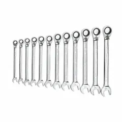 This 12-piece set includes SAE 12-point ratcheting combination wrenches made of alloy steel with a full polish chrome finish. The ratcheting box end allows faster fastening without repositioning, improving efficiency in confined spaces. Suitable for tightening and loosening fasteners in automotive repair, industrial maintenance, and mechanical assembly.