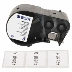 This precut label roll cartridge from Brady produces black text on white labels measuring 1 1/4 in x 1 1/2 in. The labels are halogen-free and designed for use with the M511 printer series. Suitable for industrial identification and labeling applications requiring halogen-free materials.