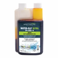 SPECTROLINE Water-Glo Fluorescent Dye, model SPI-WGG-16, is a green-colored glycol leak detection dye supplied in a 16 oz bottle. It is formulated for use in glycol-based fluid systems to reveal leaks under UV light, aiding in the identification of leak points in industrial fluid systems.
