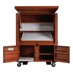 Portable workspace with 91 cu ft capacity, measuring 33 in wide by 63 in deep by 80 in high. Features a recessed padlock hasp (lock not included) and a brown finish. Suitable for use as a secure on-site office or storage unit at construction sites and industrial facilities.