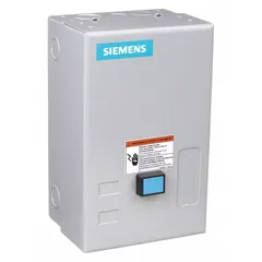 Three-pole enclosed non-reversing motor starter with electronic overload protection. Rated 9 A, NEMA Size 00, with a 208V AC coil. Includes a pilot light, screw terminals, and one normally open auxiliary contact. Suitable for starting and stopping three-phase motors in industrial applications such as pumps, fans, and conveyors.