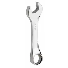 This 14 mm combination wrench features a 12-point box end and open end for turning hex fasteners. The chrome finish resists corrosion, and the alloy steel construction provides strength for general maintenance and repair tasks. Overall length is 4 1/2 inches.