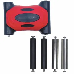 Flooring roller designed for installing laminate flooring. Includes four interchangeable wheels to press planks together for tight seams. Suitable for floating floor installations by contractors and DIYers.