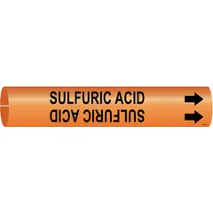 Orange snap-on pipe marker with black legend reading 'Sulfuric Acid' and directional arrows. Fits pipe outer diameters from 2-1/2 to 3-7/8 inches. Used to identify pipes carrying sulfuric acid in industrial piping systems, aiding in safety compliance and flow direction indication.