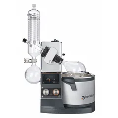 Motorized lift rotary evaporator with 5 L capacity, rotation speed range of 10 to 280 RPM, and 1300 W heating capacity. Features separate knobs for rotation and heating with locking function. Includes G3 vertical condenser. Suitable for solvent removal in laboratory applications such as chemical synthesis and pharmaceutical research.