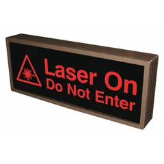 Backlit safety sign designed for areas where laser equipment is in operation. The illuminated display ensures the warning remains visible in low-light conditions, helping to prevent accidental exposure to laser hazards in industrial, research, or medical settings.