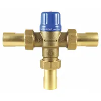 Thermostatic mixing valve for point-of-use applications, blending hot and cold water to deliver a consistent outlet temperature. Features 1/2 in inlet and 1/2 in outlet connections. Used in plumbing systems for showers, sinks, and other fixtures requiring precise temperature control
