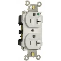 Duplex GFCI receptacle rated 125V AC and 20 A with NEMA 5-20R configuration. White thermoplastic face. Suitable for general purpose use in areas requiring ground-fault circuit interruption.