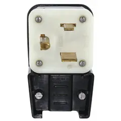 This 2-pole, 3-blade straight blade plug is rated for 50 amps at 125 volts AC with a NEMA 5-50P configuration. The black nylon housing provides a durable enclosure for industrial-grade power connections. Commonly used to connect heavy-duty machinery, welders, or temporary power distribution systems in manufacturing, construction, and commercial settings.