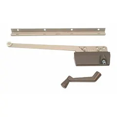 This right-hand surface-mount crank window operator is designed for casement windows. It includes a crank handle and features a bronze-coated brown finish with a 3-inch base length. Suitable for residential or light-commercial applications.