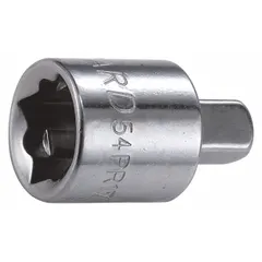 This square-drive socket adapter converts a 3/8" drive ratchet or tool to accept 1/4" drive sockets. It has a chrome finish and an overall length of 1 inch. Commonly used in automotive repair, machinery maintenance, and general assembly tasks.