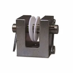 Clevis mount block for load cell mounting in industrial weighing systems. Overall length 2 in, overall width 1 1/2 in. Includes two Teflon insulating washers. Provides a pivoting connection point to accommodate misalignment in tank, hopper, and conveyor scale applications.