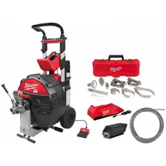This cordless drum machine head kit and cable is powered by MX FUEL technology, designed for cleaning 3 in to 6 in pipe. The kit includes the head assembly and cleaning cable, enabling portable operation without a corded power source. Suitable for clearing blockages in residential and commercial sewer lines.