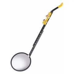 This rolling inspection mirror features an 18-inch diameter round glass mirror mounted on a metal frame with wheels for mobility. It is used for under-vehicle or hard-to-reach area inspections in automotive, security, and industrial maintenance settings.
