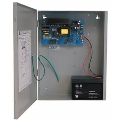 Steel-enclosed power supply board providing regulated 12VDC at 10A from a 115V AC input. Suitable for powering access control systems, security panels, and industrial automation equipment.