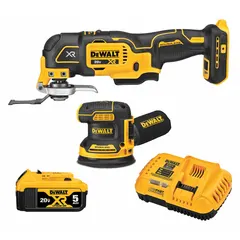 This cordless combination kit includes an oscillating multi-tool and a sander, both powered by the 20V MAX* XR® lithium-ion system. The oscillating tool is suited for flush cutting, scraping, and detail work on wood, drywall, and metal. The sander handles detail sanding tasks. Kit operates on 20 V DC volt platform.