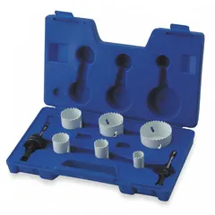 This 8-piece hole saw kit features bi-metal construction with 4/6 variable teeth per inch for cutting through wood, metal, and plastic. Each saw has a maximum cutting depth of 1-1/2 inches, suitable for creating clean holes in various materials for electrical, plumbing, and HVAC installations.
