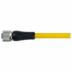 Single-ended cordset with a yellow TPE jacket for heaviest-duty applications. Features an M12 female straight connector on one end and bare wire on the other, with 5 pins, 16 AWG wire size, and a maximum current of 12 A. Rated IP66K for washdown and harsh environments. Cable length is 10 m.