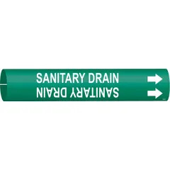 Snap-on pipe marker for identifying sanitary drain lines. Green background with white legend and directional arrows. Fits pipe outer diameters from 3/4 to 1-3/8 inches. Single marker included.