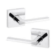 This storeroom lever lockset features a bright chromium-plated zinc finish and a rose style. It is ADA compliant with lever handle for accessibility. The ANSI F75 hall function allows key-operated locking from outside and free egress from inside, suitable for storage rooms, utility closets, and back-of-house areas.