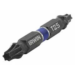 Double-ended driver bit with T25 Torx on side 1 and standard hex shank. Made from S2 steel for impact driver use. Suitable for driving and removing Torx fasteners in high-torque applications. Supplied as a 2-pack.