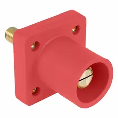 Male single pole receptacle with straight taper nose mating and threaded stud termination. Rated 600V AC and 600V DC. Red housing. Suitable for industrial power distribution requiring a secure single-pole connection.