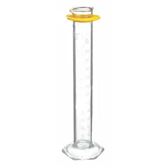 Class A glass graduated cylinder with 250 mL capacity, calibrated to deliver (TD) with 2 mL graduation increments. Meets ASTM E1272 and USP Type I requirements. Includes a protective bumper. Used for precise liquid measurement in laboratory settings.