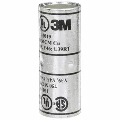 Crimped butt splice compression connector for joining 750 kcmil copper wire. Features a copper barrel, black color code, and Die Code 106. Length is 3.38 inches. Used in heavy-duty electrical installations requiring high-current connections.