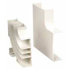 This 90-degree flat elbow is designed for use with Base-Trak multichannel raceways, allowing cable routing around corners in surface-mounted wiring systems. Made of non-metallic material in Office White, it measures 4-1/2 inches wide by 1-3/4 inches high. Part of the BaseTrak PB3 series.