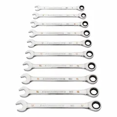 This 12-piece metric wrench set includes sizes from 8 mm to 19 mm. Each wrench features a 12-point ratcheting box end for faster fastening without repositioning. Made of alloy steel with a full polish chrome finish, the set comes on a storage rail for organization. Suitable for tightening and loosening fasteners in mechanical assembly and maintenance tasks.