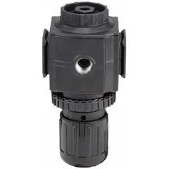 Zinc die-cast compressed air regulator with 3/8 in NPT connection, 20 cfm flow capacity, and adjustable pressure range of 0 psi to 50 psi via knob. Used to control and stabilize downstream air pressure in pneumatic systems.