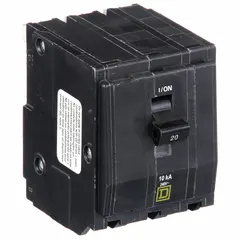 Three-pole plug-in miniature circuit breaker rated 20 A at 120/240V AC, with a maximum AIR rating of 10kA at 120/240V AC. Part of the QO Series, it provides overcurrent protection in three-phase electrical systems. For use with QO Load Centers and NQ Panelboards.