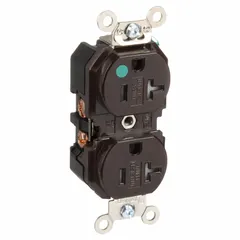 Specification grade duplex receptacle rated 125V AC, 20A with NEMA 5-20R configuration, 2-pole/3-wire grounding. Brown finish. Suitable for use in healthcare facilities, laboratories, and commercial environments requiring reliable power connections.