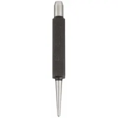 Center punch with 3/32 in tip for marking precise starting points on metal, wood, or plastic. Features a square knurled grip and 1 1/4 in taper length. Overall length 3 3/4 in. Supplied in a box.