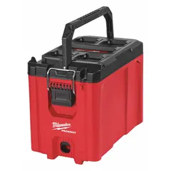 Plastic tool box with latch closure, black/red finish. Dimensions: 9 13/16 in width, 13 in height, 16 3/16 in depth. Designed for modular storage and transport of tools and equipment on job sites.