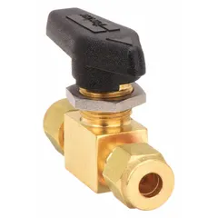 Brass, straight, one-piece ball valve with compression x compression connections. Manually operated via lever handle. Used for on-off or redirecting flow in pneumatic, hydraulic, and process control instrumentation systems.