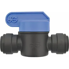 This manual two-way ball valve is constructed of polypropylene and features push-fit connections for quick installation. It is NSF 51 compliant, making it suitable for use in potable water systems and food processing applications. The straight body design allows for straightforward on/off flow control in low-pressure fluid systems. Sold in a pack of 10.