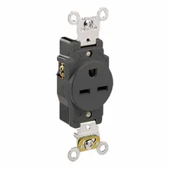 Single general-purpose receptacle with 6-15 configuration. Rated 250V AC, 15A, 2-pole/3-wire. Black finish. Suitable for industrial and commercial installations requiring a 250V outlet for lighting, machinery, or equipment.