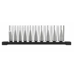 This 10-piece socket set includes 6-point metric deep well sockets ranging from 10 mm to 19 mm with a 3/8 in drive. The deep sockets provide access to recessed fasteners in automotive, industrial, and mechanical applications. Friction retention ensures secure engagement on fasteners.
