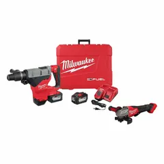 This combination kit includes an M18 FUEL hammer drill and an M18 FUEL angle grinder, both powered by the 18V M18 battery system. The hammer drill is suited for drilling into masonry and concrete, while the angle grinder handles cutting and grinding of metal and other materials. Typical applications include construction, renovation, and maintenance tasks requiring cordless mobility.