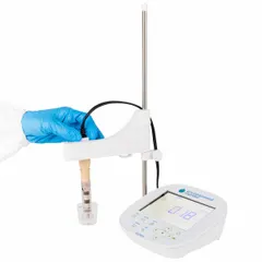 This benchtop multiparameter meter is configured for measuring Total Dissolved Solids and Salinity. It includes an integrated electrode stand; electrodes and reagents are sold separately. Suitable for laboratory water quality testing applications requiring multiparameter analysis.