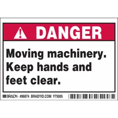 Polyester adhesive signs, 5 per pack. Each sign measures 3 1/2 in x 5 in nominal size, 0.01 in thick. Non-retroreflective, non-glow-in-the-dark. Applied directly to machinery surfaces to warn personnel of moving machinery hazards.
