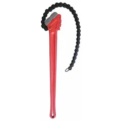 Double end chain wrench with alloy steel and cast iron construction, natural finish. Fits 7-1/2 in outside diameter, 29-1/2 in chain length, 36 in handle. Used for gripping and turning round or irregularly shaped objects such as pipes, fittings, and couplings in plumbing and mechanical applications.