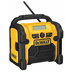 Portable AM/FM radio with auxiliary and USB input, compatible with CXT, LXT, and XGT battery platforms. Operates on 12V DC, 18V DC, or 20V DC power. Includes a USB charging port for mobile devices. Suitable for use on construction sites and in industrial environments.