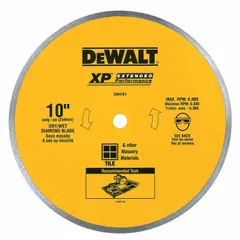 This 10-inch diameter diamond saw blade features a continuous rim for smooth cutting and is designed for wet use on a chop saw. With a 5/8-inch arbor, it is suited for cutting tile, masonry, and stone in construction and renovation applications.