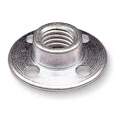 This fiber disc retainer nut features a 5/8"-11 thread size and 5/16 in height, with a silver finish. Supplied in a 10-pack, it is used to secure fiber discs to compatible backing pads for surface preparation and finishing tasks.