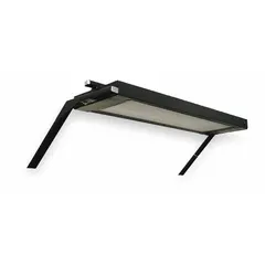This overhead task light and mounting frame kit features a blue steel frame with an overall width of 72 inches and depth of 24 inches. It is designed to provide focused illumination in industrial settings such as workshops, assembly lines, and warehouse workstations, improving visibility for tasks.
